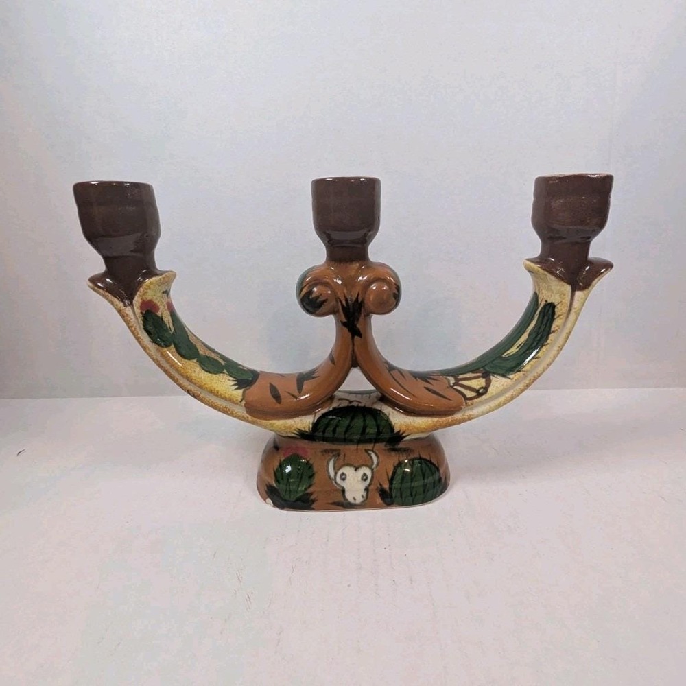 Vintage Mexican Folk Art Pottery 3 Arm Candelabra Candle Holder Bull Cactus